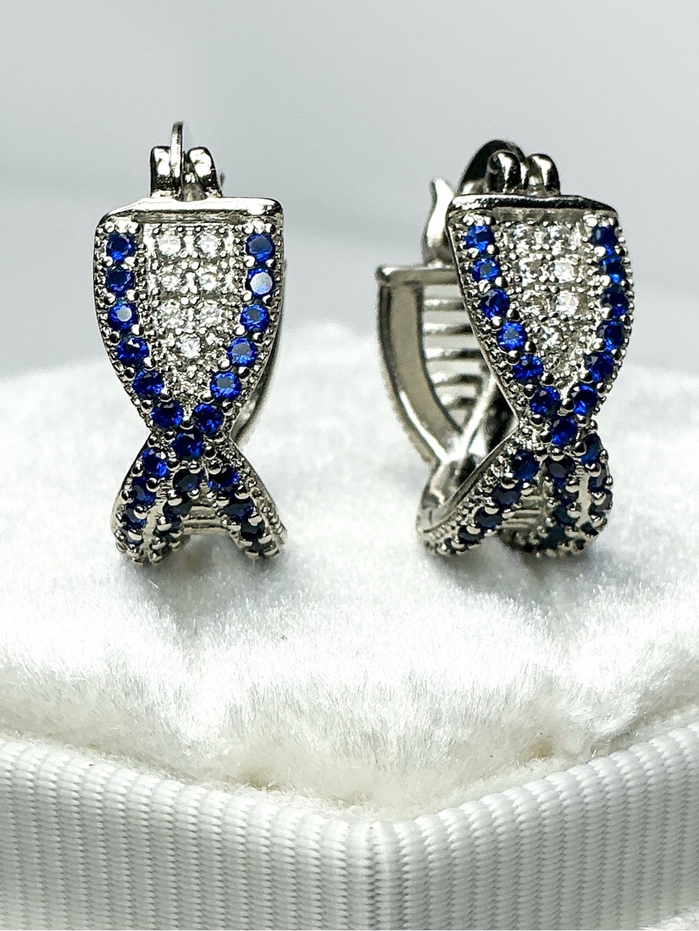 Blue & White Sapphire (Simulated)Criss-Cross CZ Silver Filled Huggie Earrings